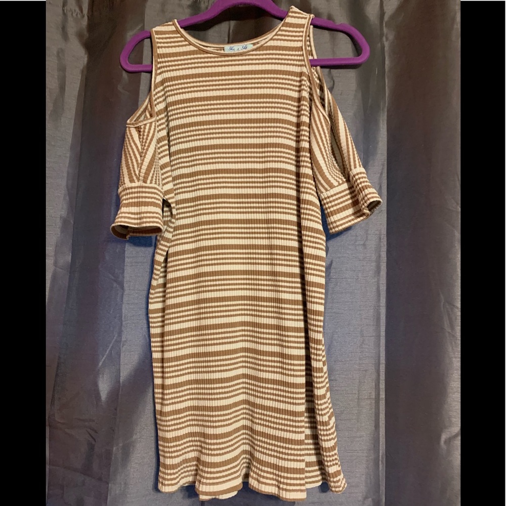 Cold shoulder cream and tan dress